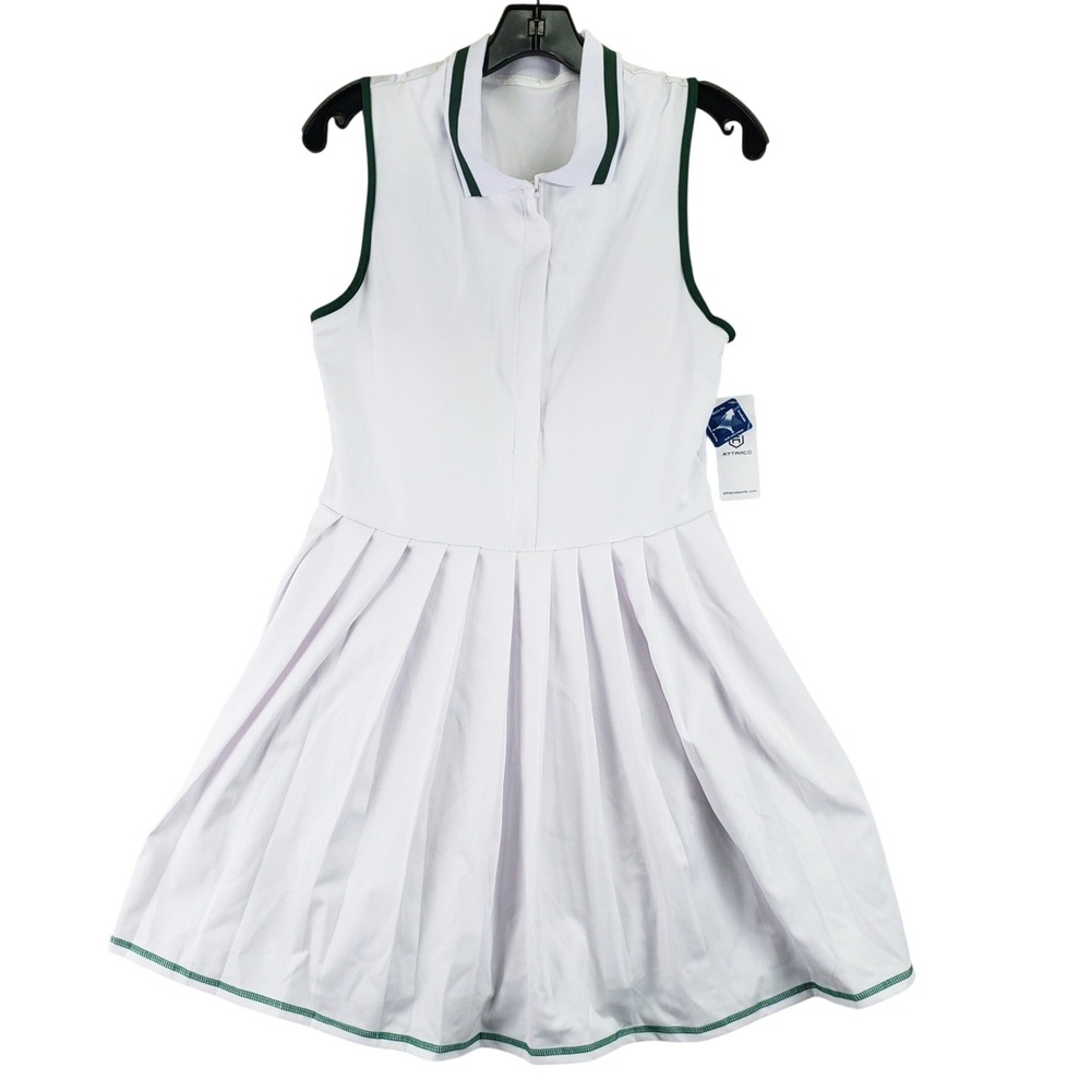 ATTRACO Pleated Sleeveless Tennis Dress Womens L White Green Sporty Preppy